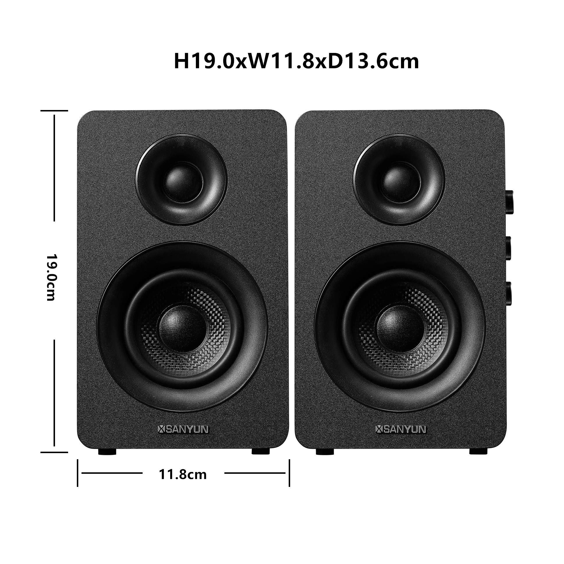 Sanyun SW208 3" Active Bluetooth 5.0 Bookshelf Speakers - 60W Carbon Fiber Speaker Unit - Built-in 24bit DAC - Dynamic 3D Surround Sound - 2.0 Computer PC Monitor Gaming Speakers (Pair, Black)
