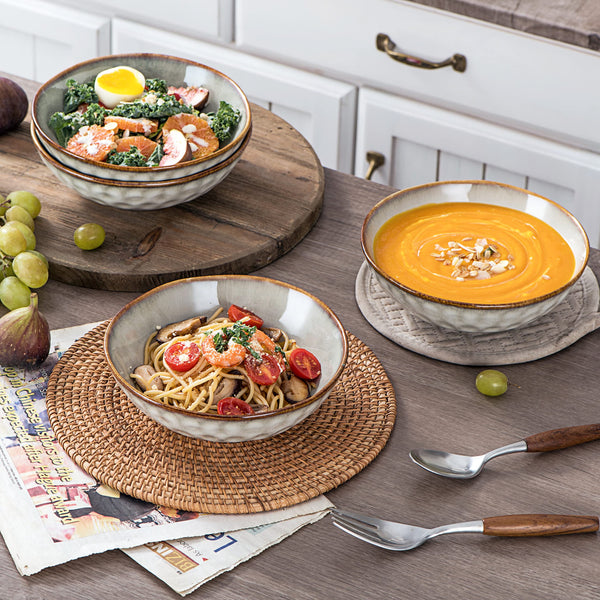 Henten Home Cereal Bowls Stoneware 4-Piece, Beige Bowls Set 25Oz - 750 ml, Bowl Set/Soup Bowls Ceramic/Bowls Ramen/Dipping Bowl