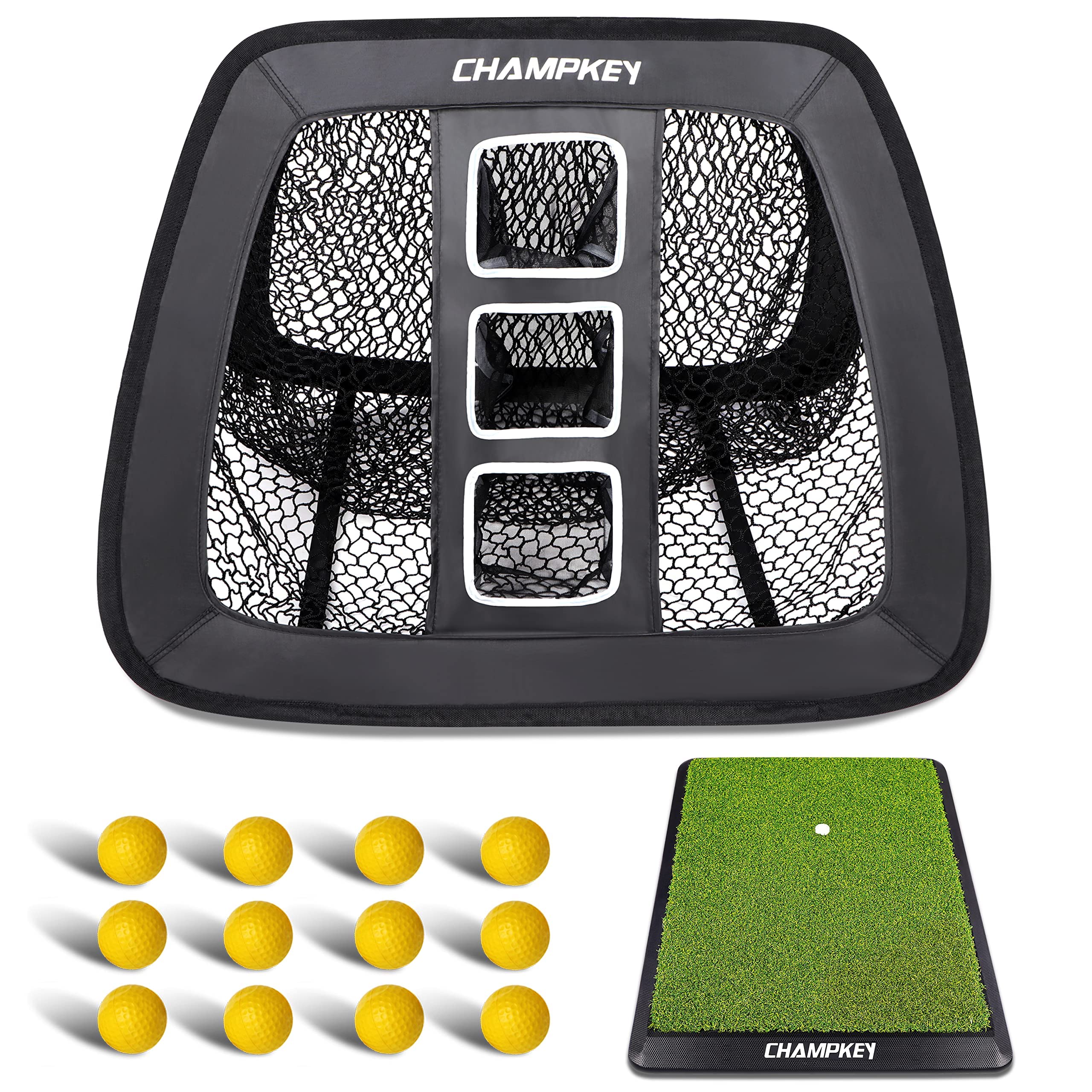 CHAMPKEY Double Sided Golf Chipping Net with Golf Hitting Mat | Come with 12 Foam Golf Balls | 5 Ply-Knotless Netting Chipping Net and Heavy Duty