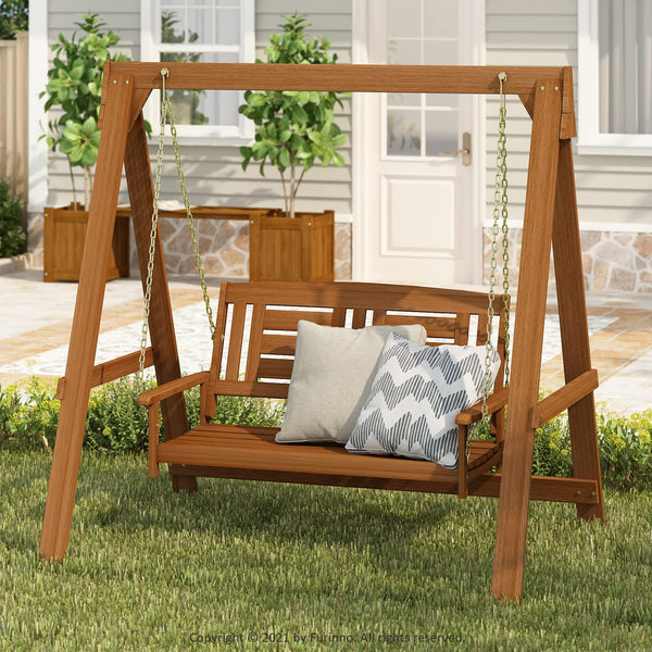 Furinno Tioman Hardwood Hanging Porch Swing with Stand in Teak Oil, Natural