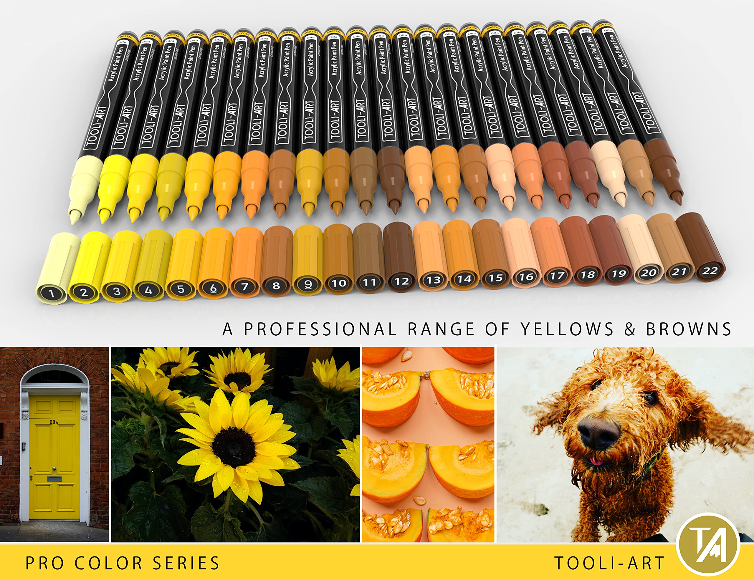 Acrylic Paint Pens 22 Yellow & Brown Tones Assorted Pro Color Series Markers Set 0.7mm Extra Fine Tip for Rock Painting, Glass, Mugs, Wood, Metal,