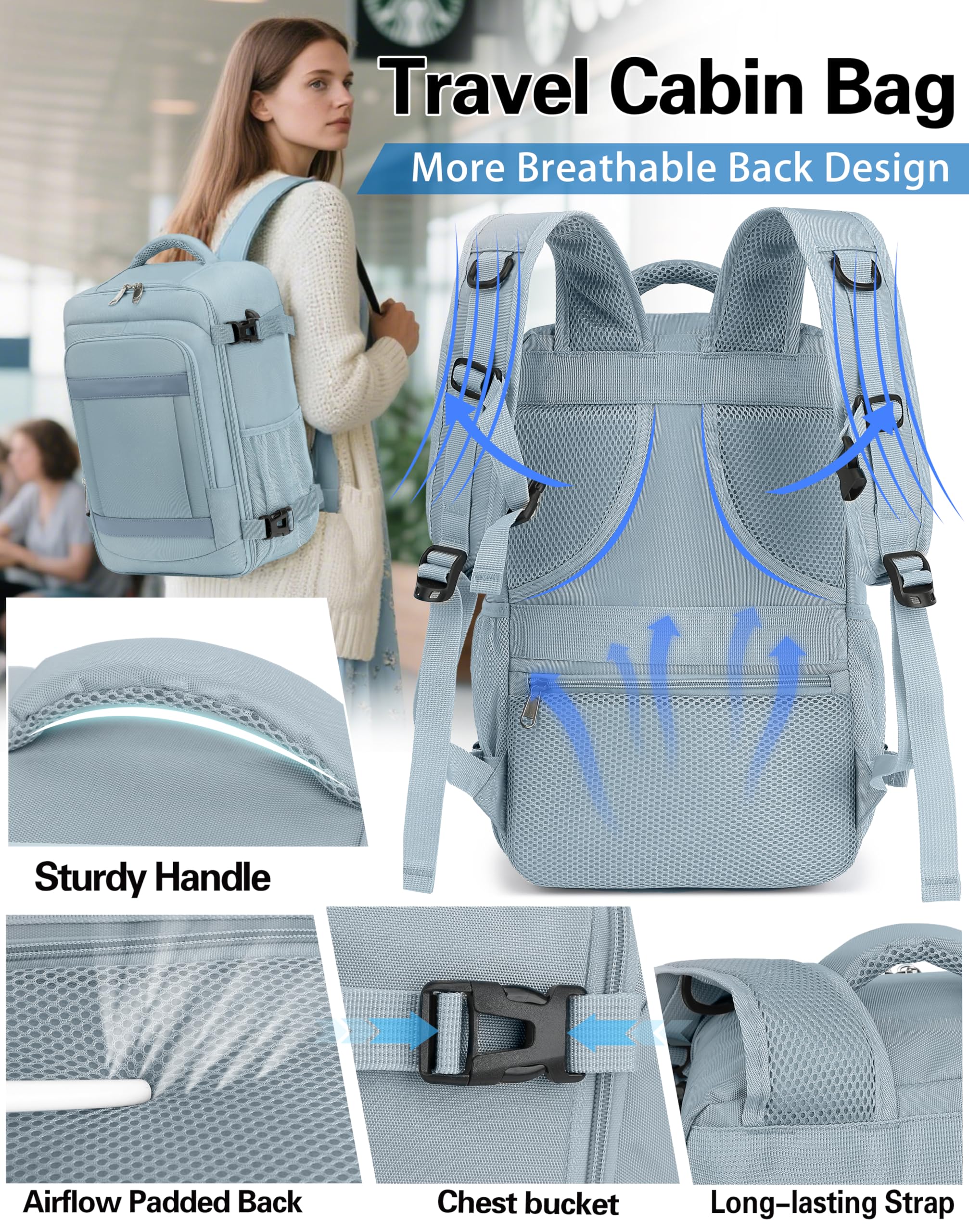 KLOSTAIN for Easyjet Cabin Bag 45x36x20 Travel Backpack Hand Luggage Carry-ons Bag Laptop Backpack Ruscksack for Airplanes Flight New Easyjet Underseat Cabin Bags Fit 14" Laptop Navy