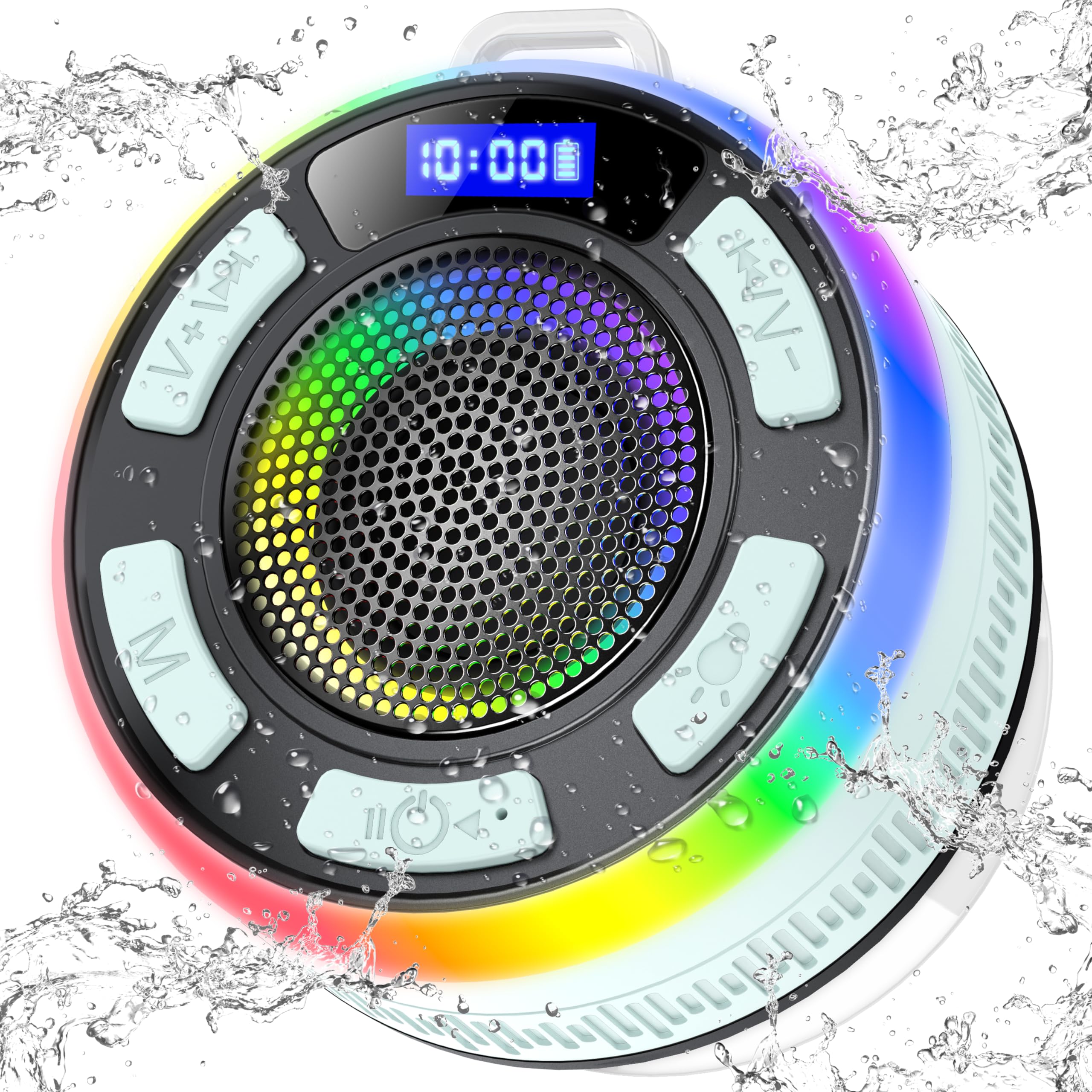 Bluetooth Shower Speaker with IPX7 Waterproof, Bluetooth Speaker with HD Stereo Sound, Built-in Mic Portable Wireless Speaker with Dynamic Lights 10H Playtime, for Outdoor Kitchen Gifts Golf, Black