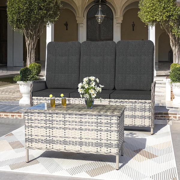 Trumbeak Polyrattan Lounge Set - 3 People Garden Furniture Seating Set Table - Seat Set with Adjustable Backrest Made of Garden Sofa, Side Table for Garden, Black