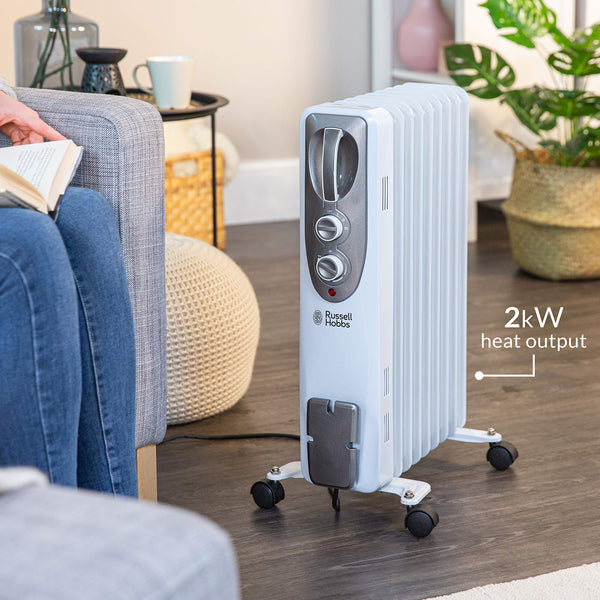 Russell Hobbs 1500W/1.5KW Oil Filled Radiator, 7 Fin Portable Electric Heater - White, Adjustable Thermostat with 3 Heat Settings, Safety Cut-off, 15 m sq Room Size, RHOFR5001, 2 Year Guarantee