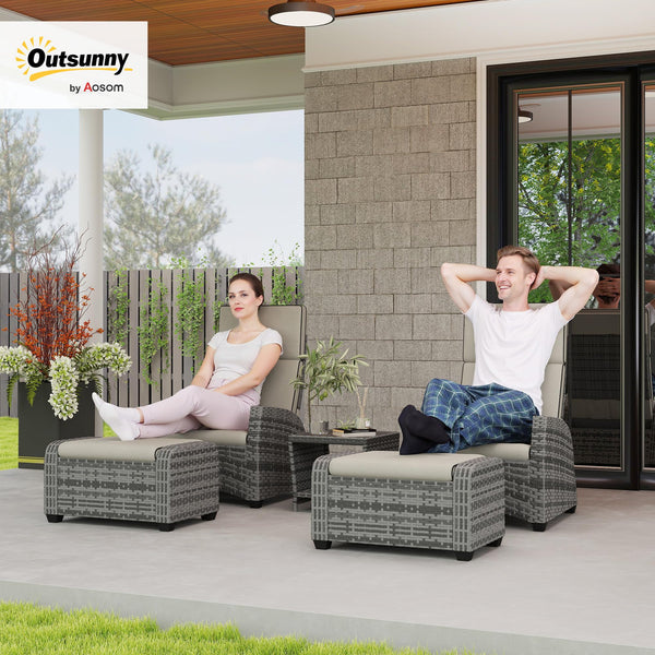 Outsunny 5 Piece Rattan Garden Furniture Set, Garden Reclining Rattan Chairs Set of 2 with Wood-Plastic Composite Table, Footstools and Thick Cushions for Balcony, Patio, Charcoal Grey