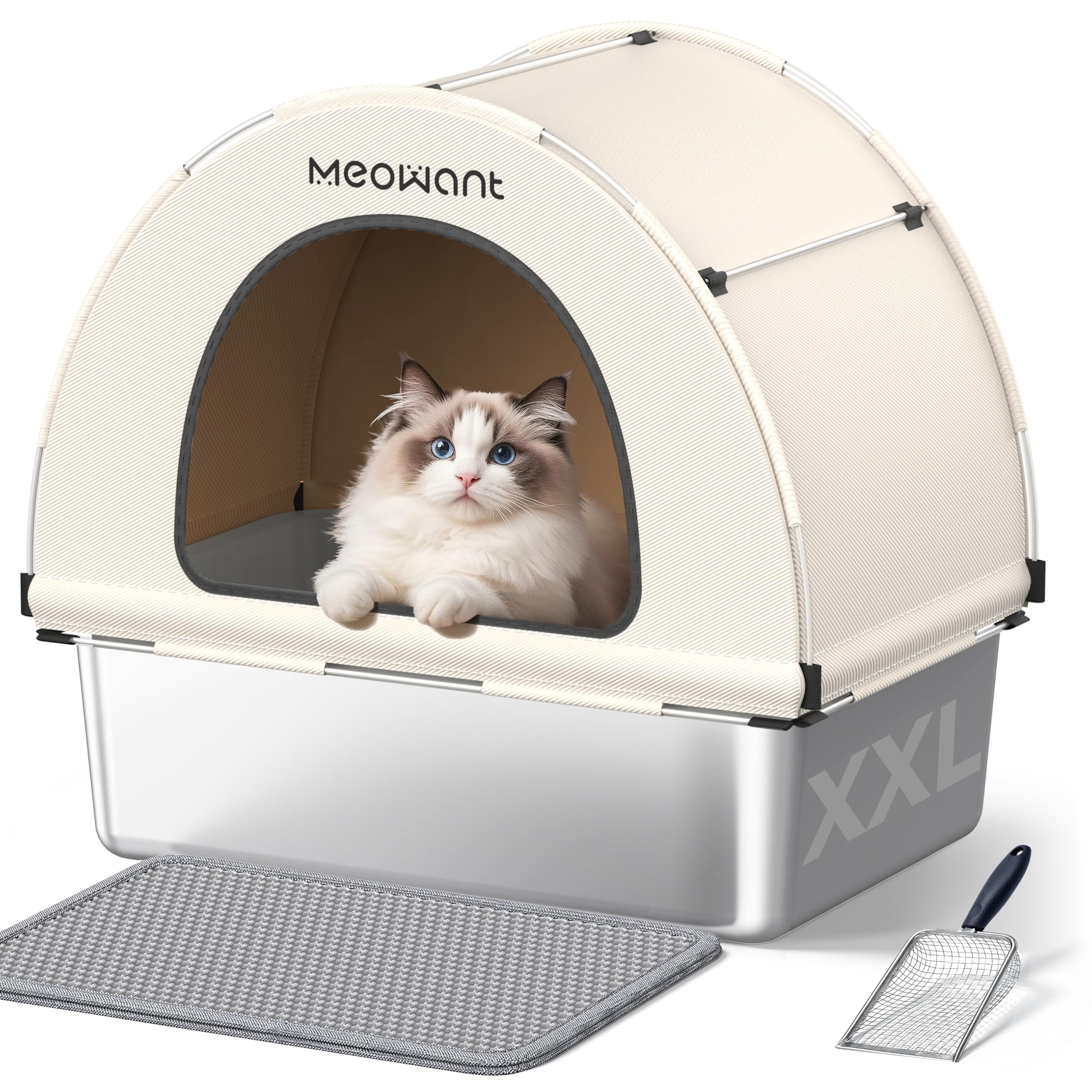 MeoWant Cat Litter Box Stainless Steel, Enclosed Litter Pan for Big Cat with Cloth Cover Canopy, Never Absorbs Odor, Non Stick Surface, XXL Extra Large Litter Tray, Detachable, Easy Clean, White