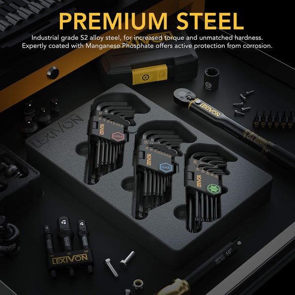 LEXIVON Master Wrench Key Set, 35-Piece Long Arm Ball End Hex Keys | 3-Pack Metric/SAE & Star, Industrial Grade S2 Alloy Steel (LX-131)