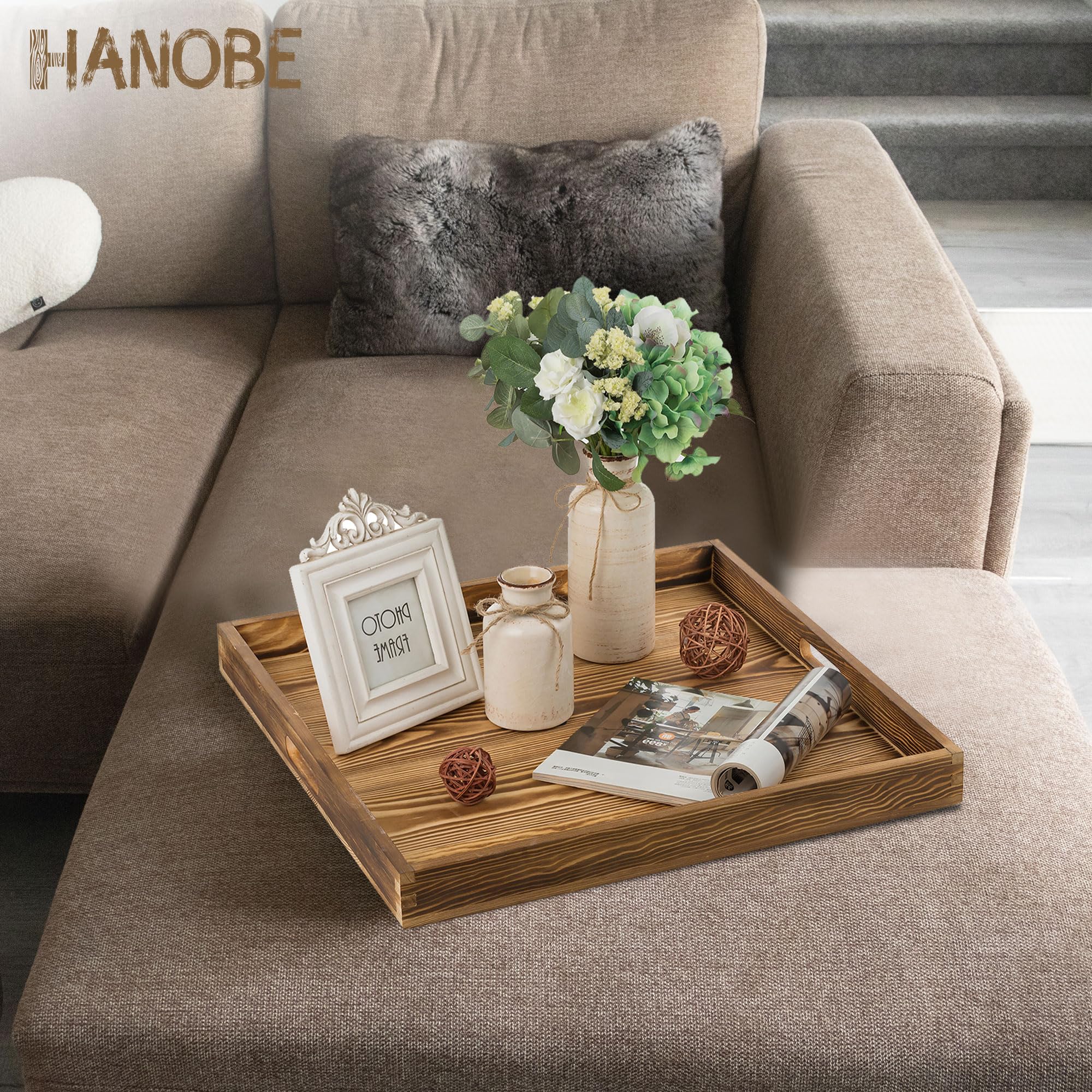 Hanobe Square Large Ottoman Tray: Extra Large Serving Tray with Handles Rustic Wood Decorative Coffee Table Trays Farmhouse Home Decor for Living Room