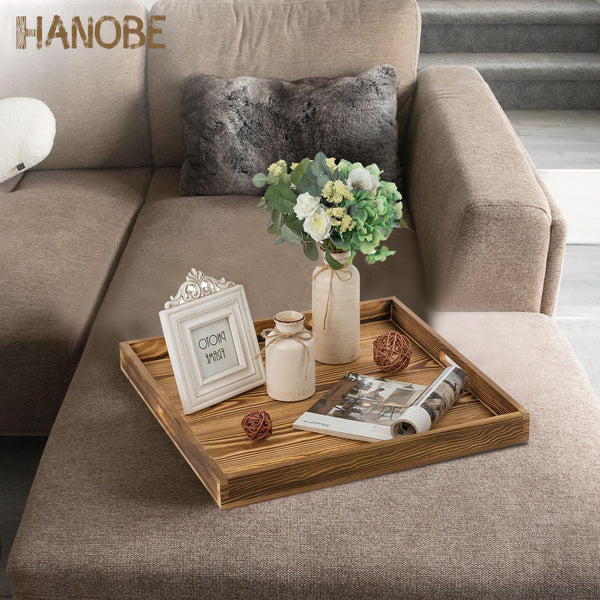 Hanobe Square Large Ottoman Tray: Extra Large Serving Tray with Handles Rustic Wood Decorative Coffee Table Trays Farmhouse Home Decor for Living Room