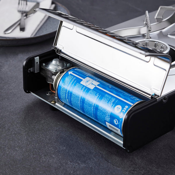 Geepas Gas Stove Single Burner – Portable Camping Stove BBQ Cooker with Carry Case, Outdoor Grill Plate – Automatic Ignition System, Enamel Pan Support, Butane Can or LPG Gas Source