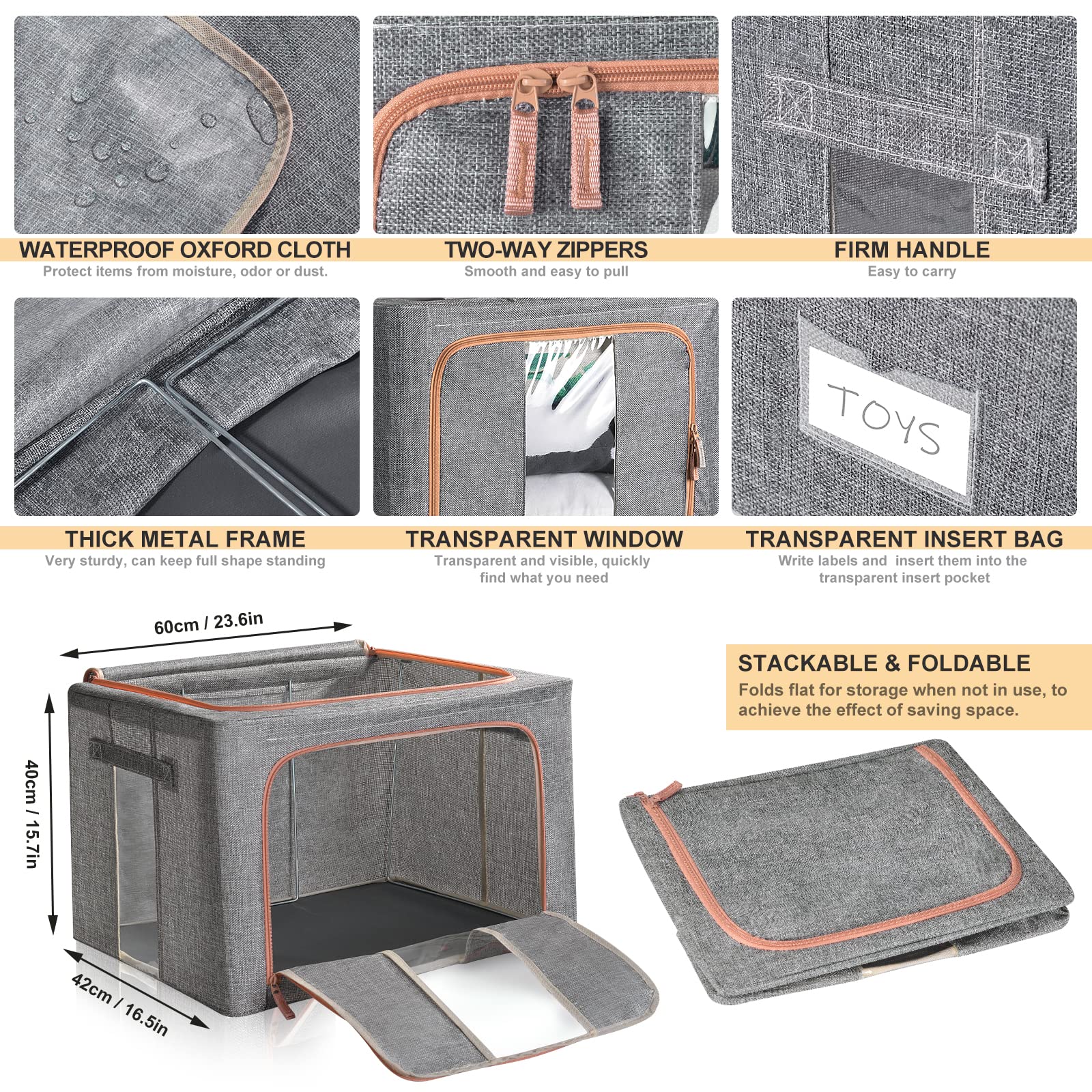 100L Clothes Storage Bag Metal Frame Fiberboard Bottom Thick Breathable Cotton Linen Protect from Moisture Dust Sturdy Handle Double Opening Zipper