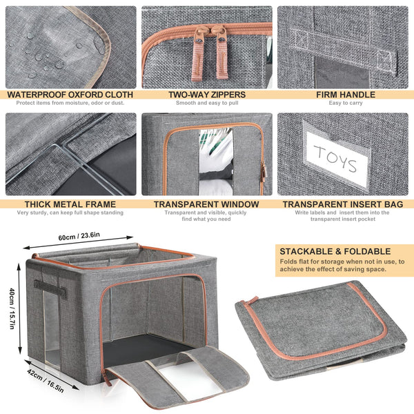 100L Clothes Storage Bag Metal Frame Fiberboard Bottom Thick Breathable Cotton Linen Protect from Moisture Dust Sturdy Handle Double Opening Zipper