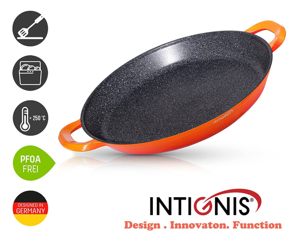INTIGNIS Traditional Paella Pan 40cm  Non-Stick Induction | Heavy-Duty, Anti-Scratch, Stainless Steel Base | Paella+Pan for Gas, Electric & Ceramic