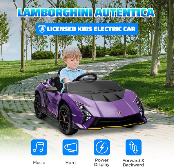 AIYAPLAY 12V Lamborghini Autentica Licensed Kids Electric Car with Butterfly Doors, Ride on Car with Remote Control, 4 Suspension Wheels, Soft Start, LED Lights, Music, Horn, Grey