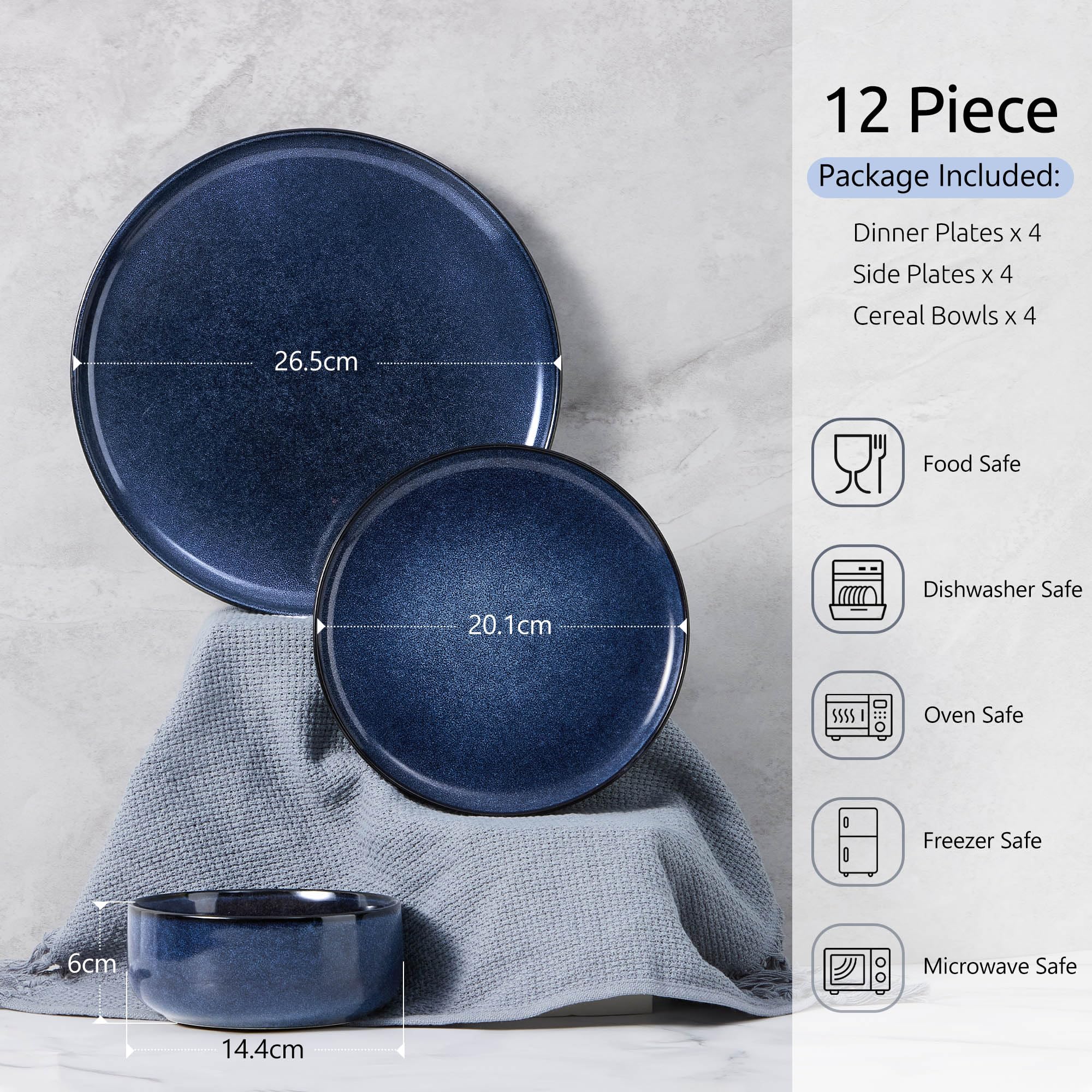 Homikit 12 Piece Dinner Set, Reactive Glaze Kitchen Dinnerware Sets for 4, Elegant Stoneware Included Plates and Bowls, Non-Scratch & Sturdy,