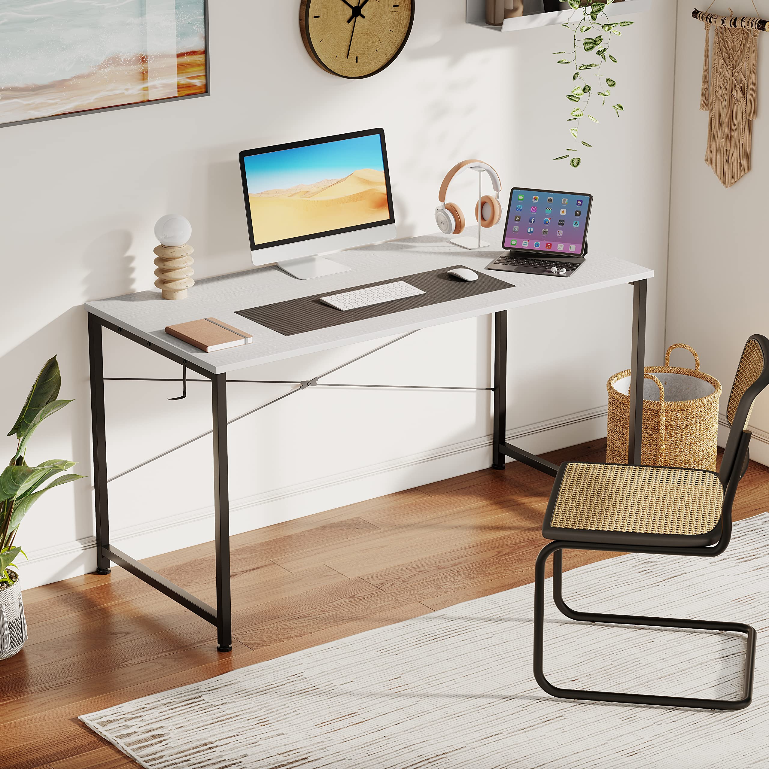 Flrrtenv 100cm Computer Desk, Small White Office Desk with Sturdy Metal Frame and X-Shaped Design, Gaming Desk for Home, Modern White