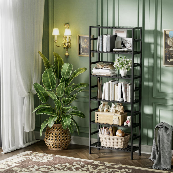 HITNET Bamboo Bookshelf, 6-Tier Tall Open Bookcase with Adjustable Shelves, Floor Standing Storage Shelf Unit for Living Room Bathroom Home Office,