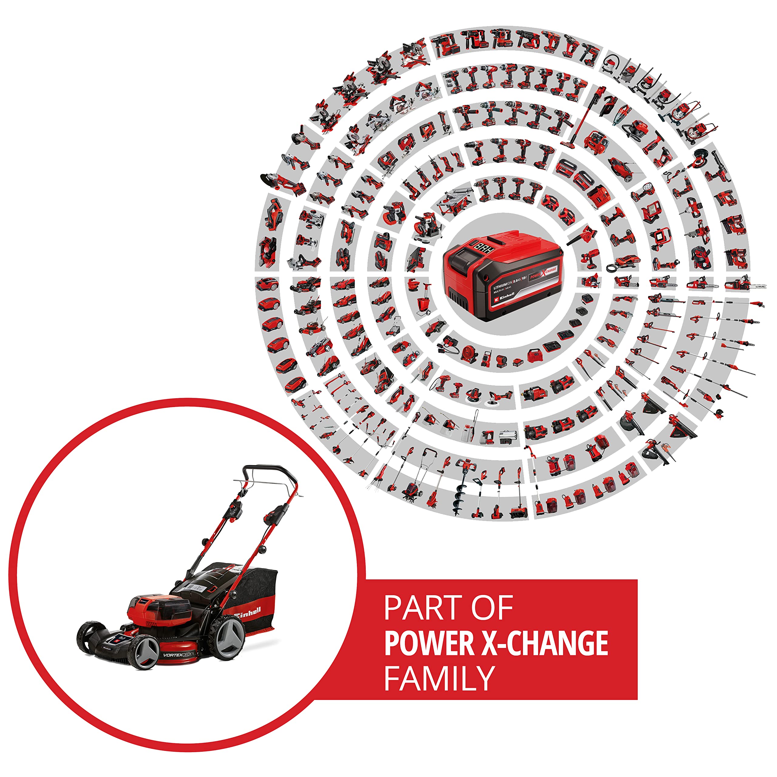 Einhell Power X-Change 36/43 Cordless Lawnmower With Battery (x2) and Charger (x2) - 36V, 43cm Cutting Width, 63L Grass Box, 6 Cutting Heights, Mulching - GE-CM 43 Li M Battery Lawn Mower Red / Black
