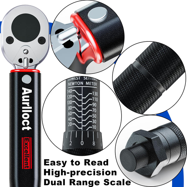 1/2" Torque Wrench Set, Car Wheel Torque Spanner 20-230 Nm with 3/8'' Adapter, ± 3% Accuracy, 72 Tooth for Car Repair, Tire Replacement Etc