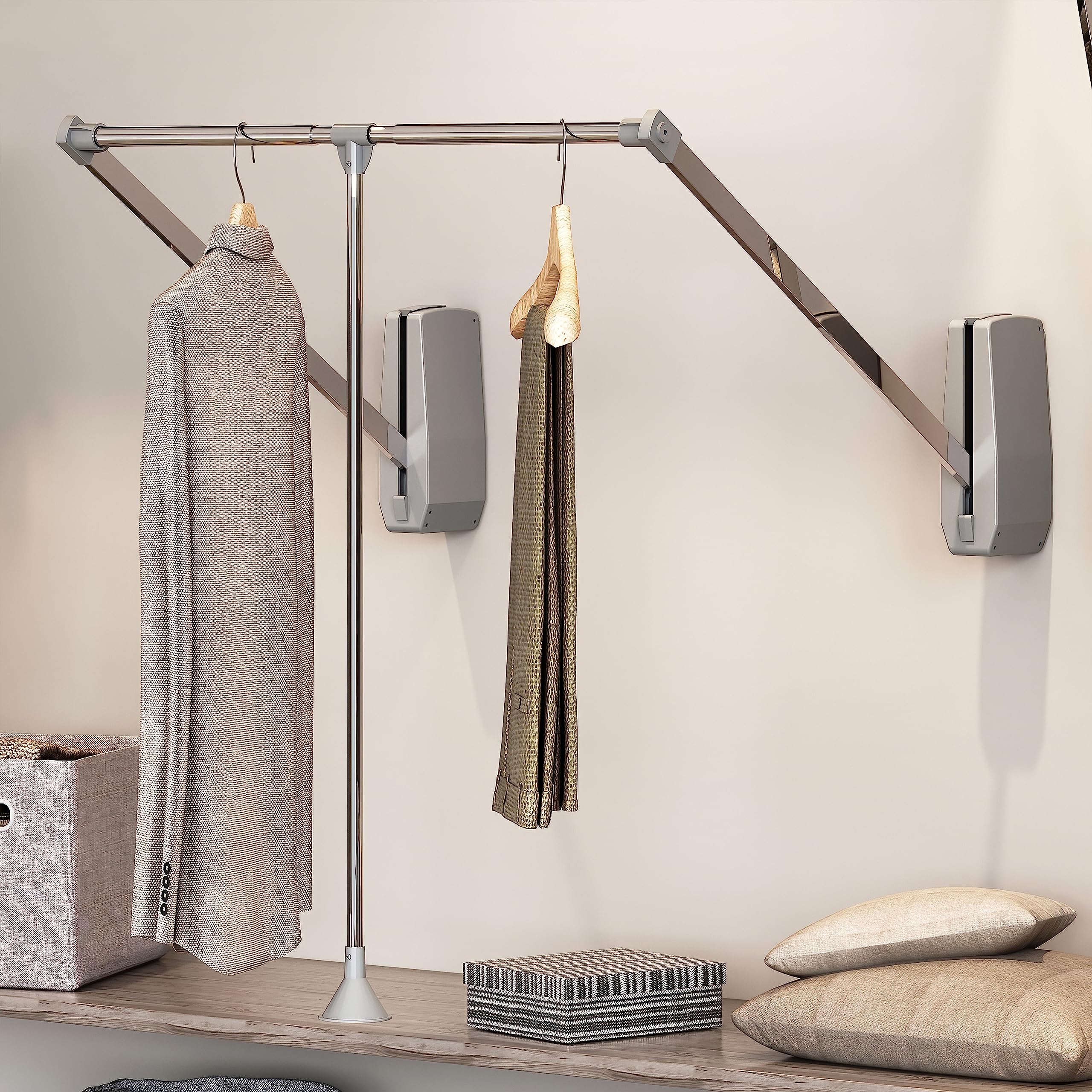 Emuca - Hang pull down wardrobe rail lift wall-mounted, pull down wardrobe rail lift, adjustable width 600-83mm (23,6-32,6 inch), Chrome plated, Steel