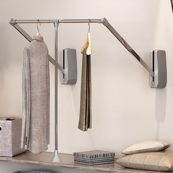 Emuca - Hang pull down wardrobe rail lift wall-mounted, pull down wardrobe rail lift, adjustable width 600-83mm (23,6-32,6 inch), Chrome plated, Steel
