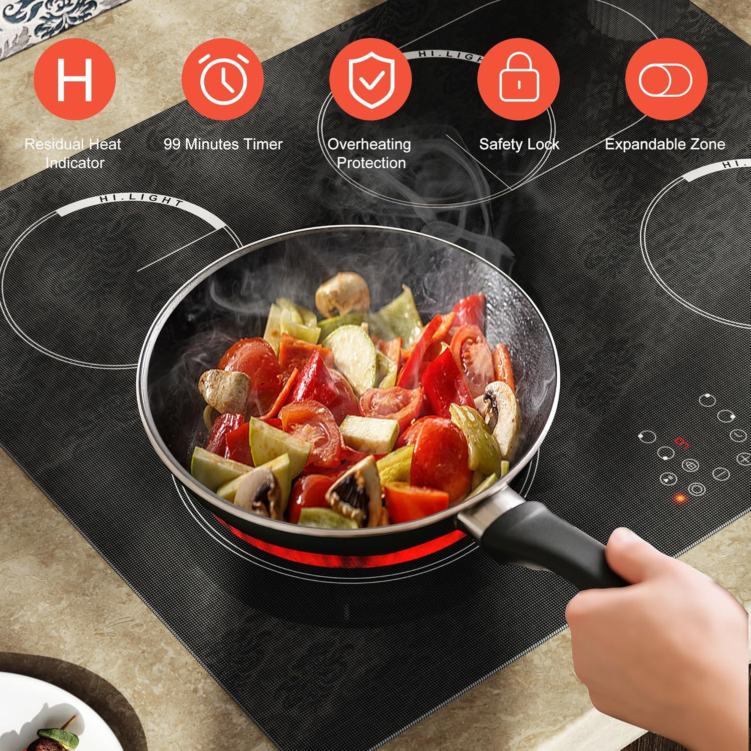 Cooksir Electric Hob 60cm, Ceramic Hob 4 Ring 6700W, Electric Hob 4 Zone with Expandable Dual and Oval Zone, Built-in Hob with Frame, Timer, Safety Lock, 220-240V(No Plug)