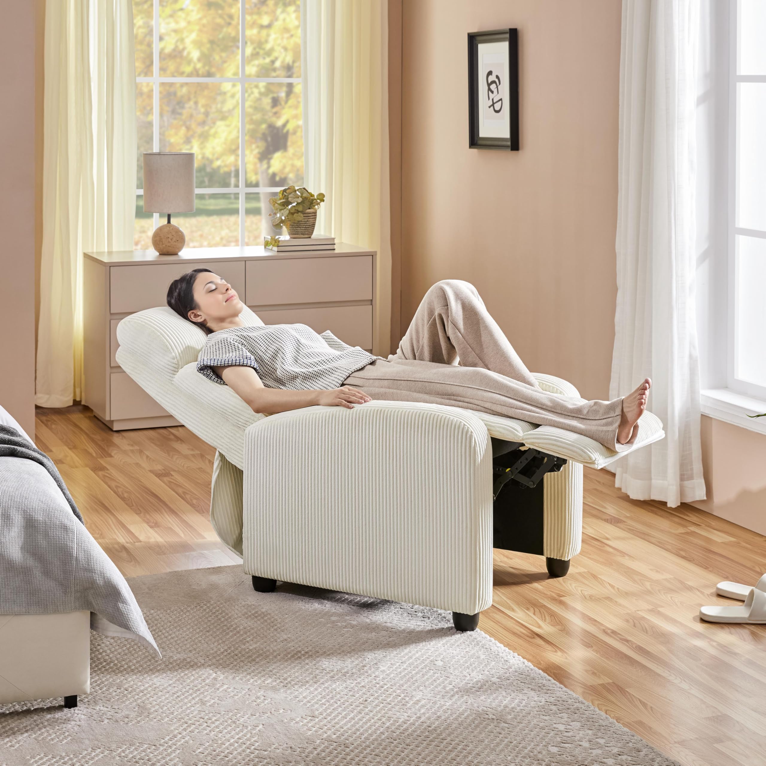 Yaheetech Recliner Armchair Single Padded Seat Boucle Fabric Sofa Lounge Home Living Room Theater Adjustable Leg Rest and Reclining Functions Ivory