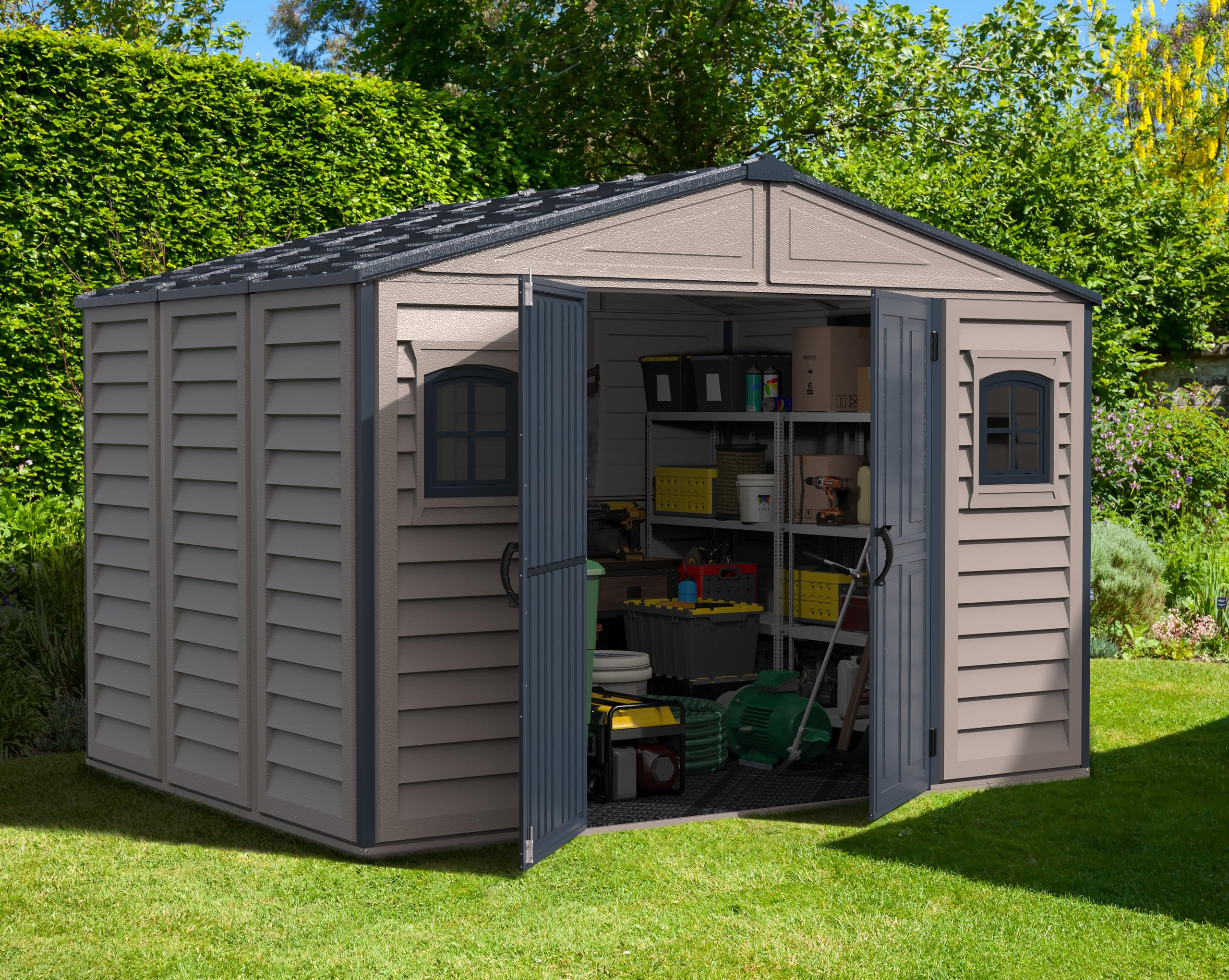 Duramax WoodSide 10 x 8 (8.02 m2) Plastic Garden Shed with 3 Fixed Windows & Metal Foundation Kit, Strong Metal Roof Structure Fire Retardant and Maintenance-Free Storage Shed - Ivory/Brown