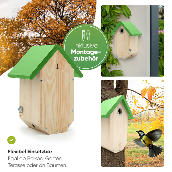 TWOCOZY Premium Nesting Box for Tits, Great Tits [Woodpecker Protection & Nest Protection], Weatherproof & Screwed, Dimensions NABU Compliant, Bird