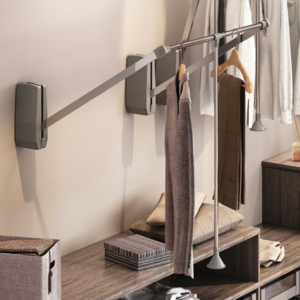 Emuca - Hang pull down wardrobe rail lift wall-mounted, pull down wardrobe rail lift, adjustable width 600-83mm (23,6-32,6 inch), Chrome plated, Steel