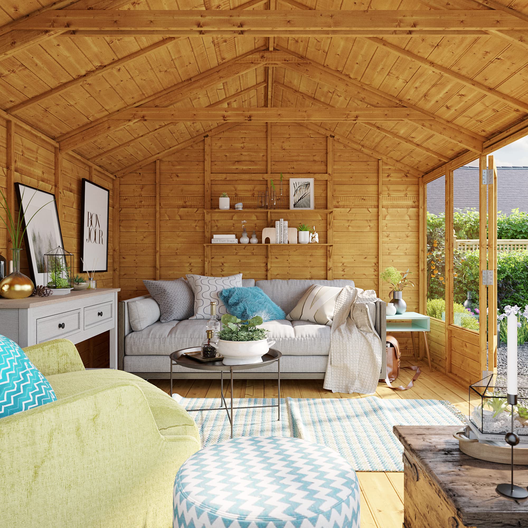 BillyOh Petra 12x10 Reverse Apex Summer House Shed, Log Cabin | Wooden Garden Room with Wide Double Doors, Tear Resistant Felt, Tongue and Groove Construction | Versatile Tiny Home or Garden Office