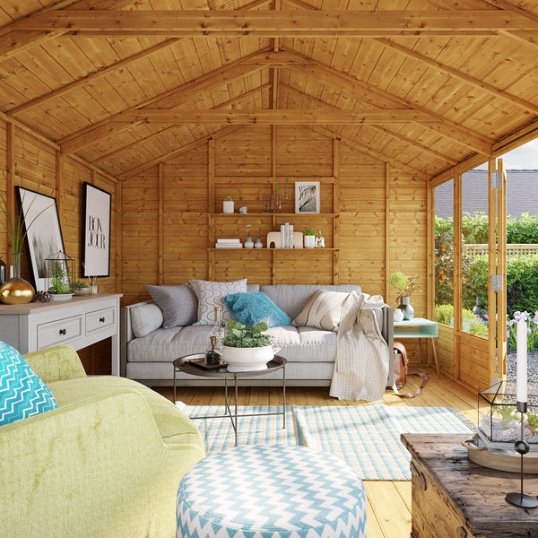 BillyOh Petra 12x10 Reverse Apex Summer House Shed, Log Cabin | Wooden Garden Room with Wide Double Doors, Tear Resistant Felt, Tongue and Groove Construction | Versatile Tiny Home or Garden Office