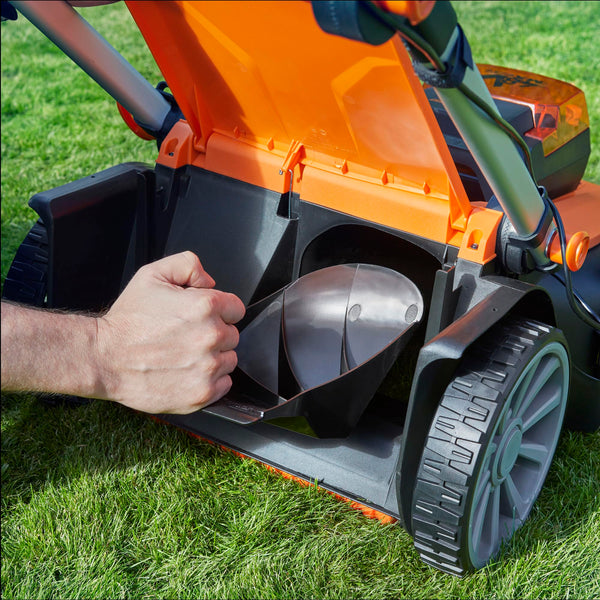 LawnMaster 48V 46cm Cordless Lawnmower with a Set of 2 MX 24V 4.0Ah Batteries, 2x Fast Chargers, Rear Roller, Grass Side Eject and Mulching Function. Battery Lawnmower for Larger Lawns.