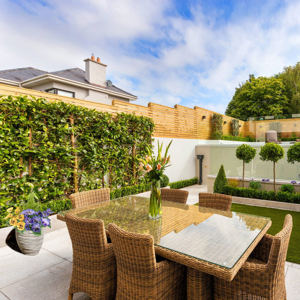 2 x Artificial Rattan Patio Planters with Purple and Yellow Faux Silk Pansies and Conifer/Cedar Topiary ideal for Home, Patio, Garden Outdoor Living