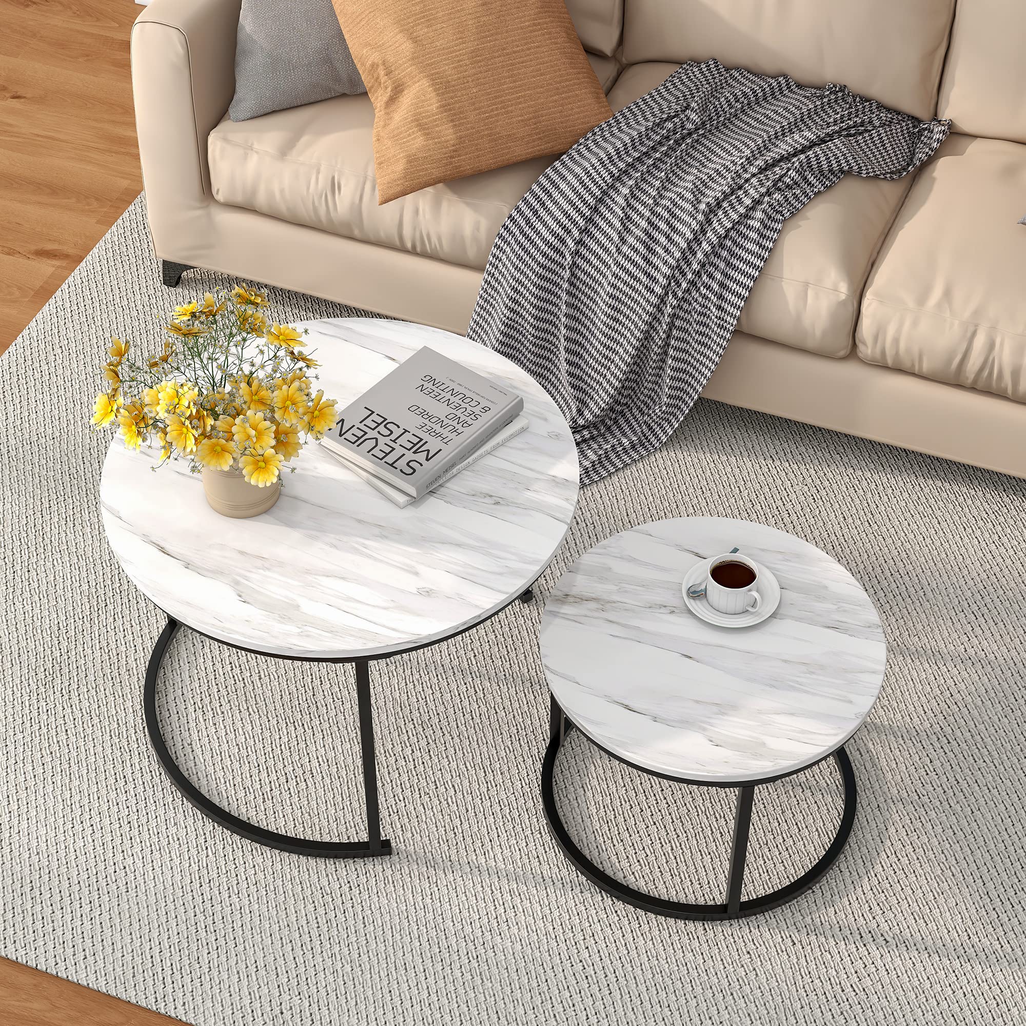 HOJINLINERO Black Round Coffee Table Set of 2 Side Table for Living Room,Nesting Table Industrial Stacking End Tables,Marble Pattern with Metal Frame