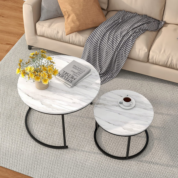 HOJINLINERO Black Round Coffee Table Set of 2 Side Table for Living Room,Nesting Table Industrial Stacking End Tables,Marble Pattern with Metal Frame
