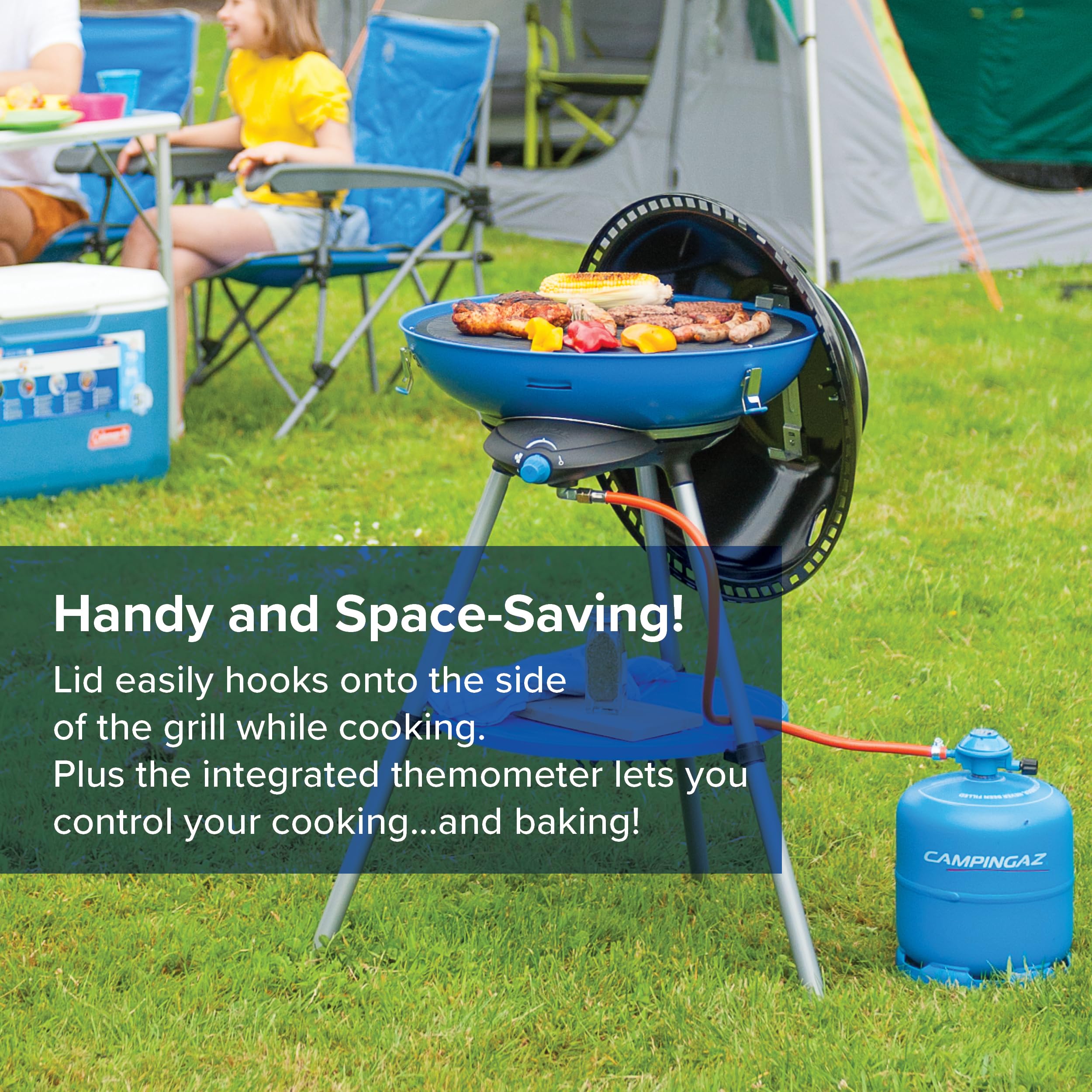 Campingaz Party Grill 400 CV, Camping Stove and Grill, All-in-One Portable Camping BBQ, with Griddle, Grid and Pan Support, Lid Doubles as Wok, Blue