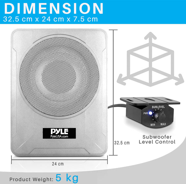 Pyle 8-Inch Low-Profile Amplified Subwoofer System - 600 Watt Compact Enclosed Active Marine Underseat Car Subwoofer with Built in Amp, Powered Car Subwoofer w/Low & High Level Inputs