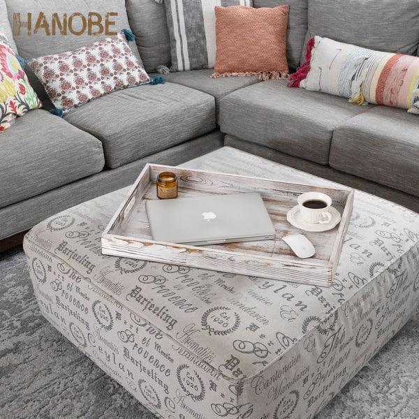 Hanobe Large Serving Ottoman Tray: Extra Large Wood Serving Tray with Handles Rustic White Decorative Coffee Table Trays Farmhouse Home Decor for