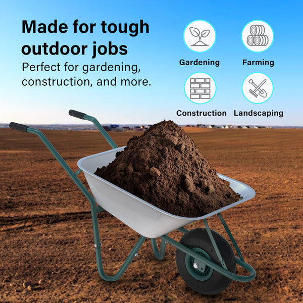 65L Wheelbarrow Home Garden, Heavy Duty Cart Galvanised Wheel Barrow with Pneumatic Tyre 100KG Load-Bear, Strong Large Transport Trolley Handcart, Suitable for Garden Work