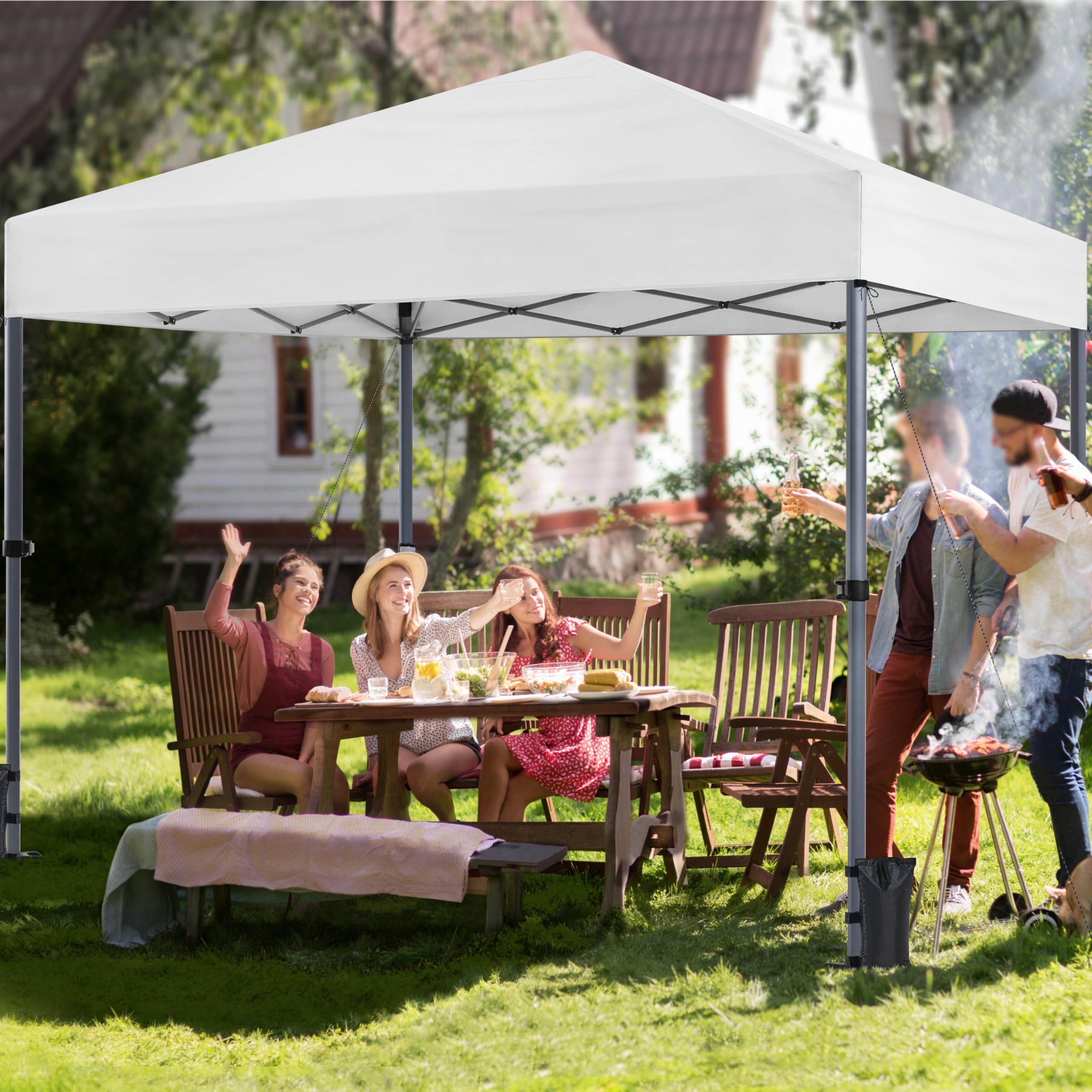 Yaheetech Pop Up Gazebo, 3x3m Easy One Person Setup Instant Shelter, Waterproof Garden Patio Canopy with 4 Sandbags, 4 Ropes & 8 Stakes, Wheeled Bag, Steel Frame, Adjustable Height - Beige