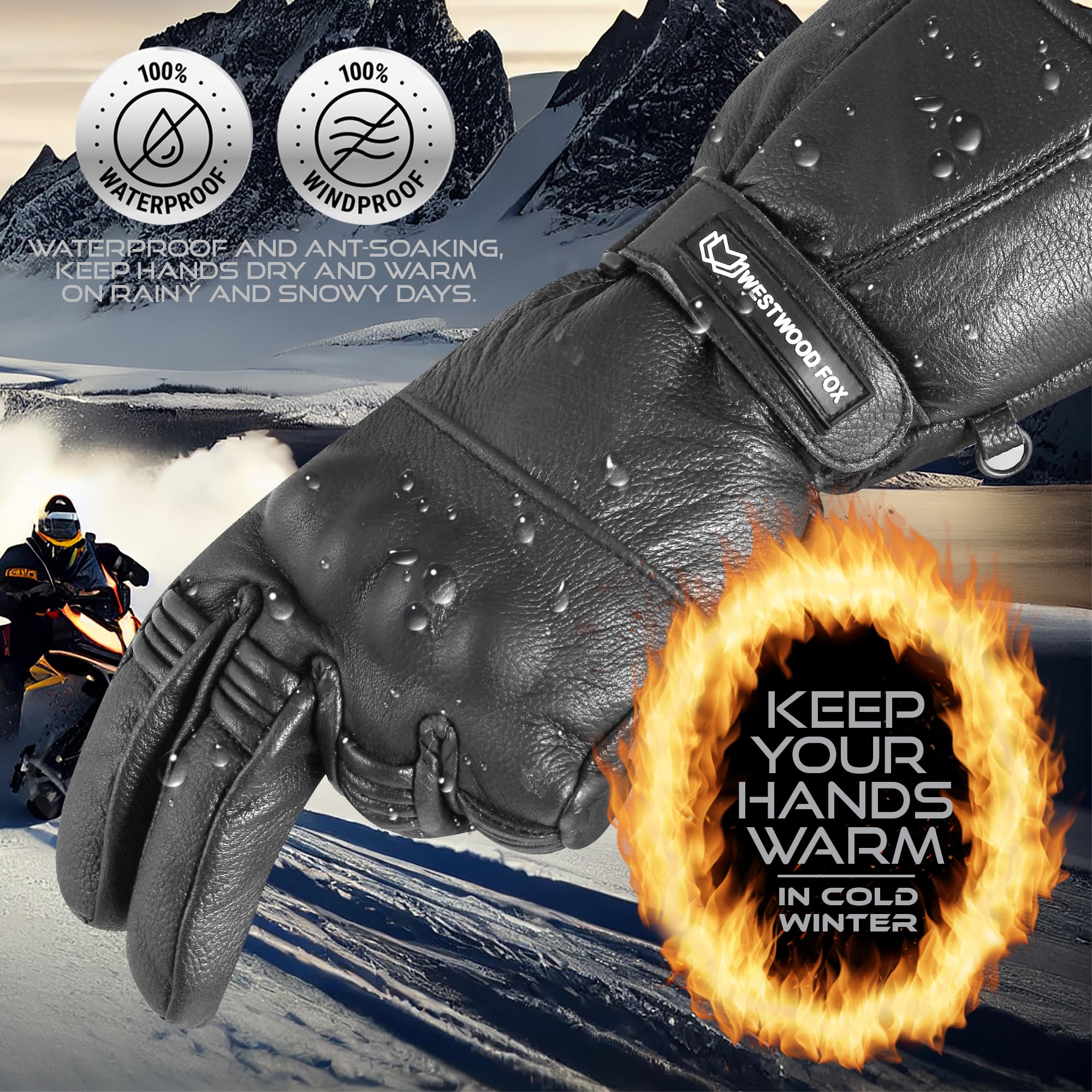 WESTWOOD FOX Motorbike gloves Thinsulate Thermal Motorcycle Leather Gloves Waterproof Winter Summer, mens gloves.