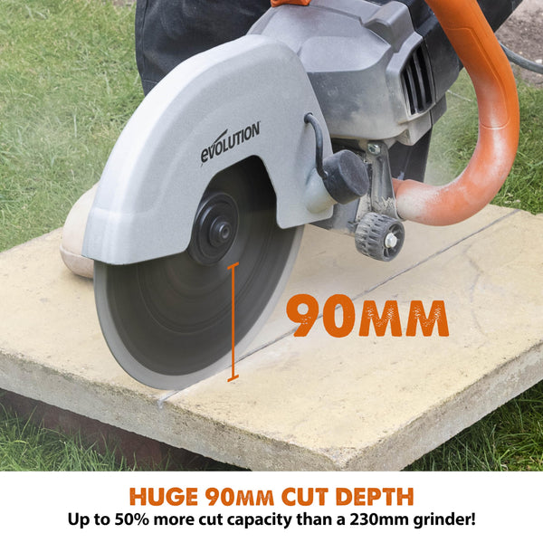 Evolution Power Tools R230DCT Disc Cutter, Concrete Saw, Cut Off Saw, For Cutting Concrete, Stone, Brick, Roof Tile & More - 2000W Motor, No Gas, 90 mm Cut, Incl Diamond Masonry Blade, 230V, 230mm