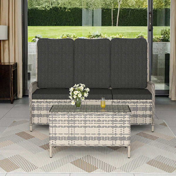 Trumbeak Polyrattan Lounge Set - 3 People Garden Furniture Seating Set Table - Seat Set with Adjustable Backrest Made of Garden Sofa, Side Table for Garden, Black