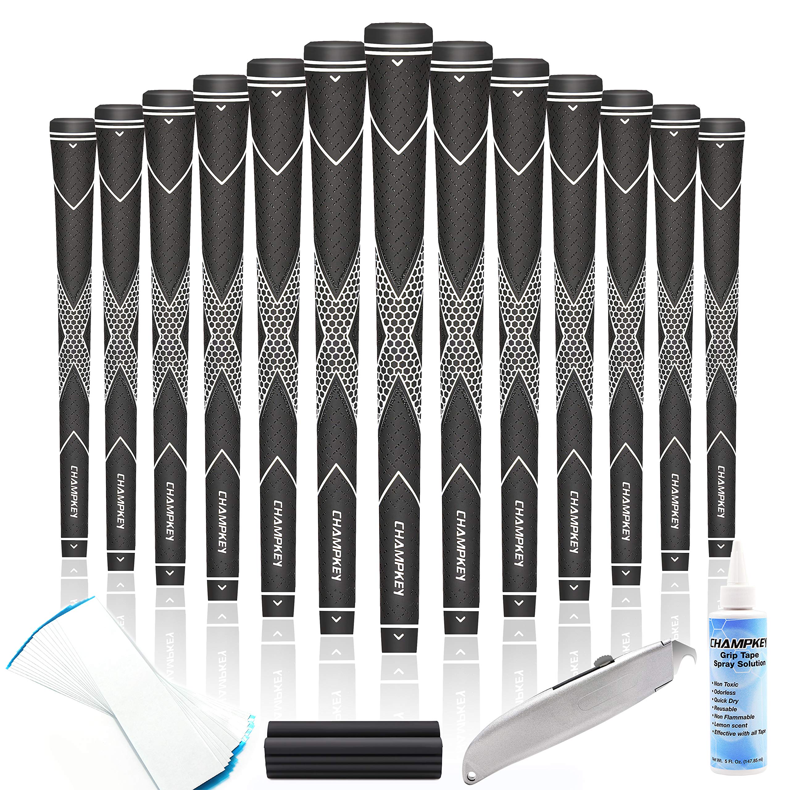 CHAMPKEY Premium Rubber Golf Grips 13 Pack | High Traction and Feedback Rubber Golf Club Grips - All Repair Kits (Black&White, Oversize)