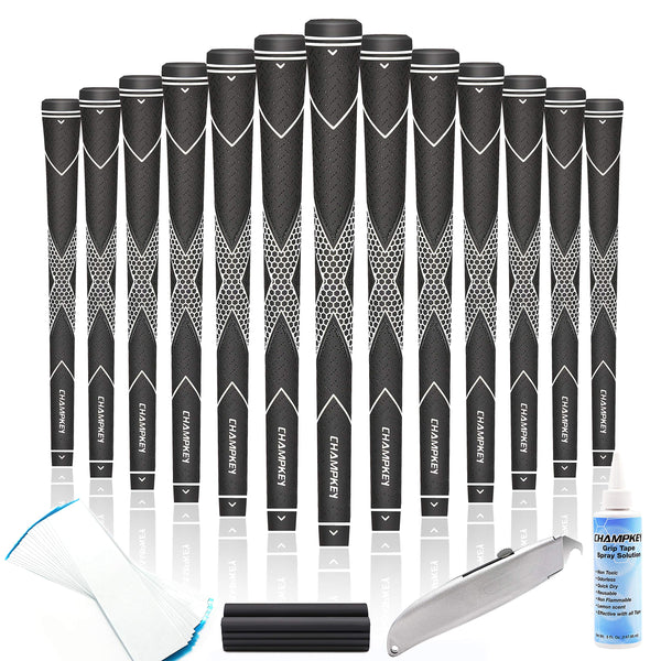 CHAMPKEY Premium Rubber Golf Grips 13 Pack | High Traction and Feedback Rubber Golf Club Grips - All Repair Kits (Black&White, Oversize)