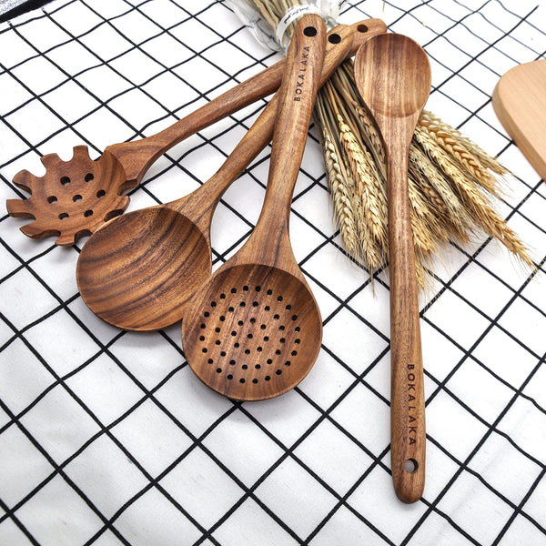 11 Pcs Wooden Kitchen Utensils Set - Wooden Spoons, Spatulas for Cooking