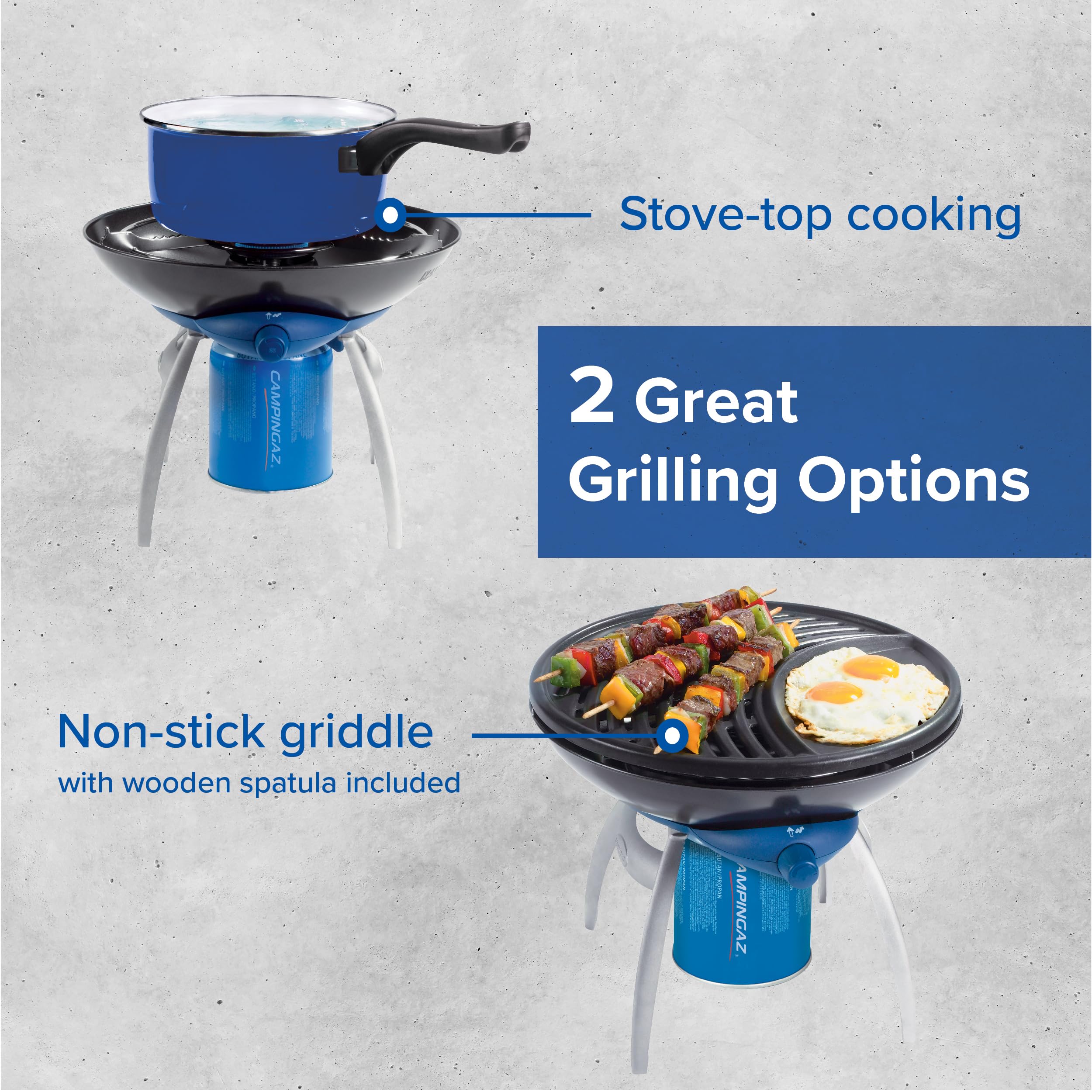 Campingaz Party Grill 400 CV, Camping Stove and Grill, All-in-One Portable Camping BBQ, with Griddle, Grid and Pan Support, Lid Doubles as Wok, Blue