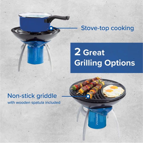 Campingaz Party Grill 400 CV, Camping Stove and Grill, All-in-One Portable Camping BBQ, with Griddle, Grid and Pan Support, Lid Doubles as Wok, Blue